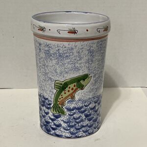 Mesa Intl. Fish Trout Wine Holder Kitchen Utensil Carafe Art Pottery 8” Signed